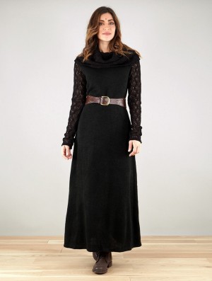 Toonzshop Nouchka Crochet Sleeves And Big Collar Long Sweater Dress Jurk Dames Zwart | 706453-FRD