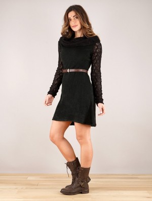Toonzshop Nouchka Crochet Sleeves And Big Collar Skater Sweater Dress Jurk Dames Zwart | 625018-FKM