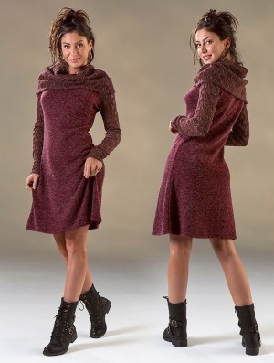 Toonzshop Nouchka Crochet Sleeves And Big Collar Skater Sweater Dress Jurk Dames Wine | 698502-UOQ