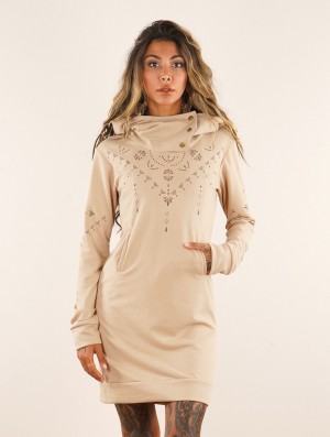 Toonzshop Numendil Ornemental Dots Printed High Collar Hoodie Dress Jurk Dames Beige | 705463-MLU