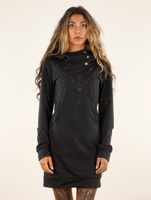 Toonzshop Numendil Ornemental Dots Printed High Collar Hoodie Dress Jurk Dames Zwart | 048179-XFC