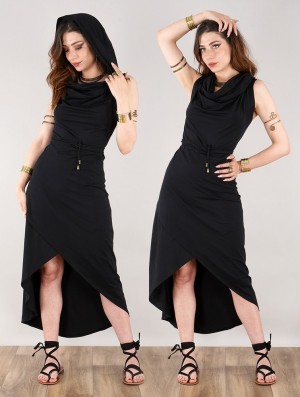 Toonzshop Onyxx Hooded Asymmetric Midi Dress Jurk Dames Zwart | 218074-PTC