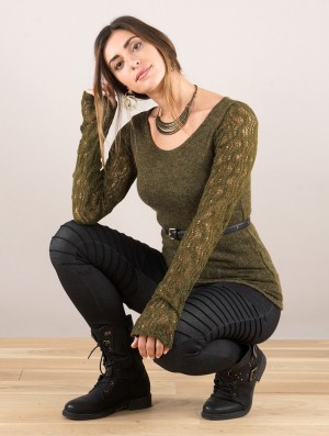 Toonzshop Oroshï Crochet Sleeve Sweater Trui Dames Olijfgroen Groen | 403581-FAW