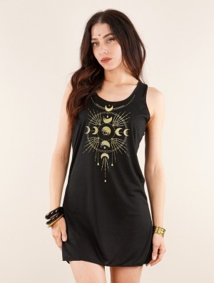 Toonzshop Phase Lune Printed Sleeveless Short Dress Jurk Dames Zwart Goud | 347850-VJG