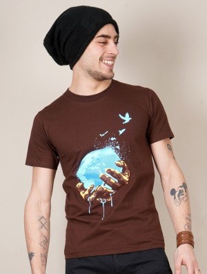 Toonzshop Planet Printed Short Sleeve T-shirt T-Shirt Heren Bruin | 590374-XAF