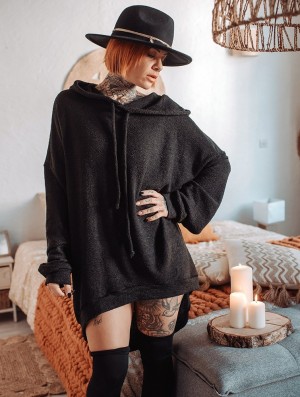 Toonzshop Rashmi Oversized Long Hooded Jumper Trui Dames Zwart | 784620-ZQJ