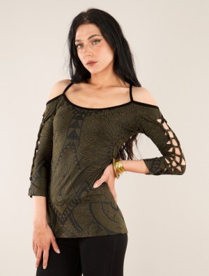 Toonzshop Sedna Africa Cut Out Braided Back And 3/4 Sleeve Printed Top BH Dames Groen | 932610-ESG