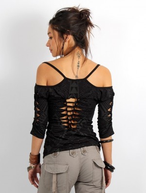 Toonzshop Sedna Africa Cut Out Braided Back And 3/4 Sleeve Printed Top BH Dames Zwart | 189237-DTR