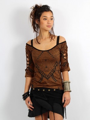 Toonzshop Sedna Africa Cut Out Braided Back And 3/4 Sleeve Printed Top BH Dames Bruin | 428367-AFW