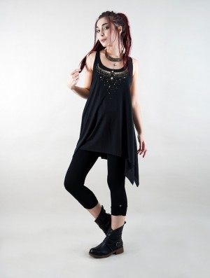 Toonzshop Sitaara Printed Knotted Sleeveless Tunic Topjes Dames Zwart Goud | 023691-ENP