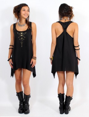 Toonzshop Skadja Printed Knotted Sleeveless Tunic Jurk Dames Zwart Goud | 985210-SXT