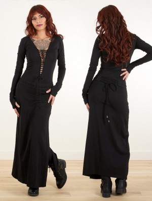 Toonzshop Valkyrie Lace-up Split Long Dress Jurk Dames Zwart | 204315-LPT