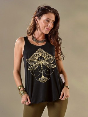 Toonzshop Waia Dragonfly Printed Tank Top Tanktop Dames Zwart Goud | 329704-YAP